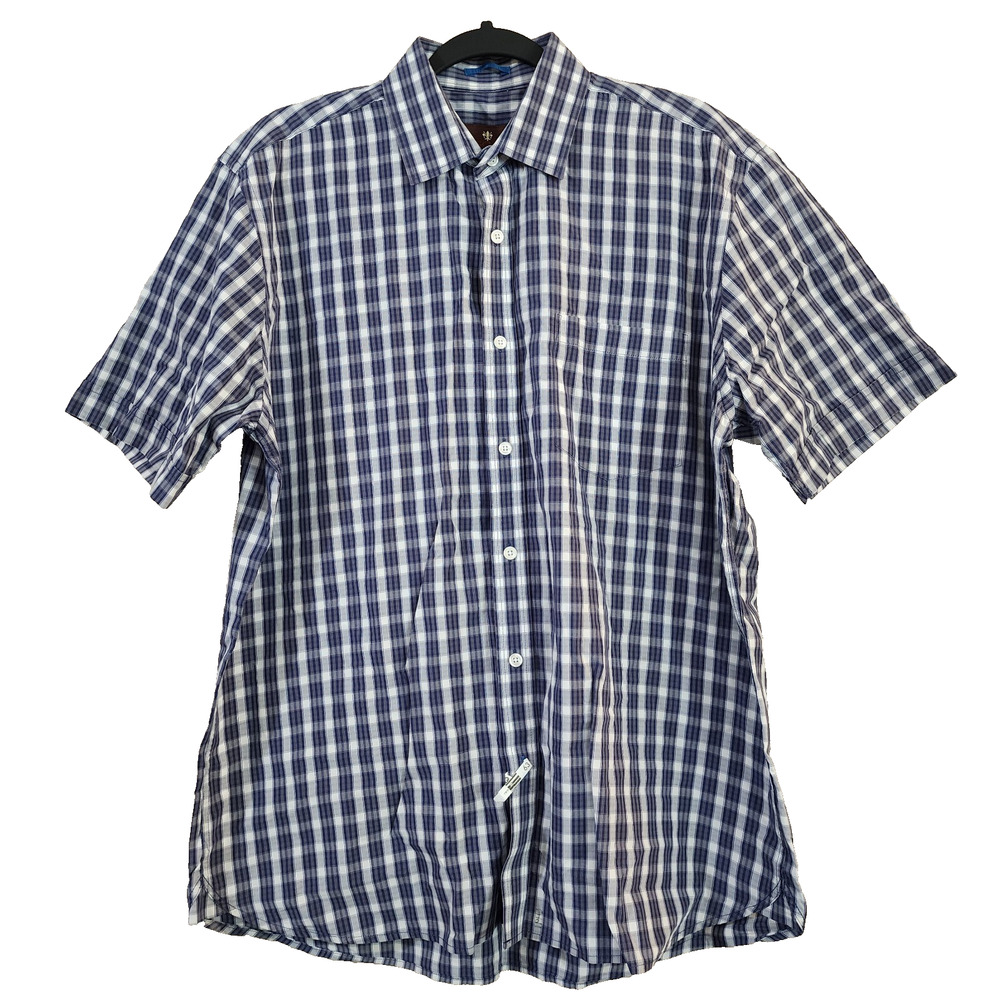Toscano Mens Shirt Size L Blue Plaid Short Sleeve Button Down